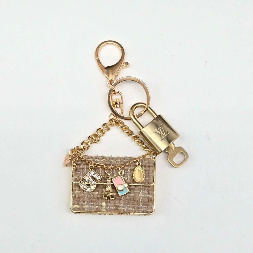 Authentic Louis Vuitton Padlock & Key Gold ✨Unbranded Tweed Bag Charm Keychain